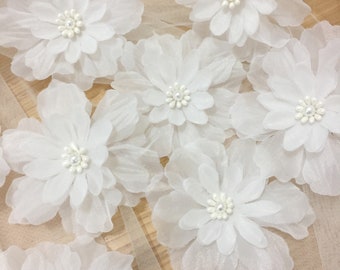 100 pieces Off White 3D Pearl Beaded Flower Lace Applique, Blossom Patch Motif for Wedding Veil Bridal Headpiece Hair Flowers 8 cm