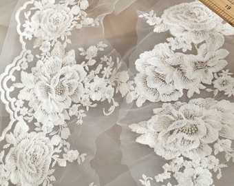 Exquisite Cotton Lace Applique Trim, Cream EmbroideryWedding Applique , Bridal Veil Applique for Wedding Gown, Bridal Dress Decor, Bodice
