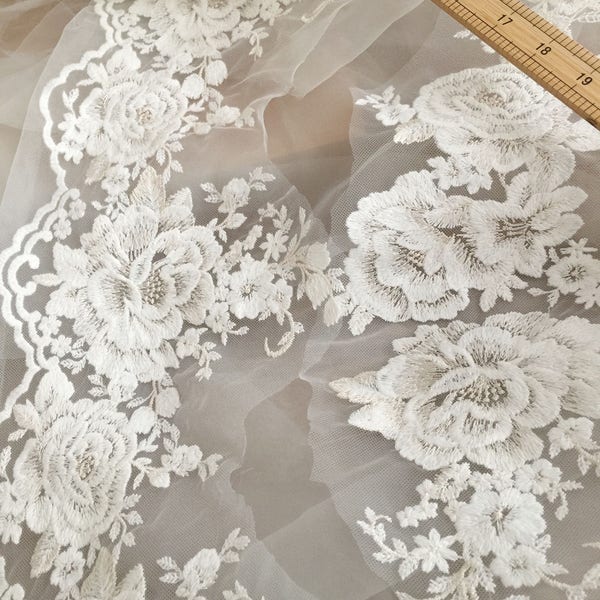 Exquisite Cotton Lace Applique Trim, Cream EmbroideryWedding Applique , Bridal Veil Applique for Wedding Gown, Bridal Dress Decor, Bodice