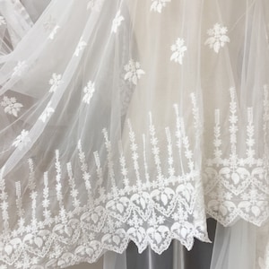 Geometric Cotton Embroidery Lace Fabric by Yard with Flroal Leaf Design , Birdal Gown Couture Fabric in Off White