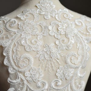 LARGE Heavy beaded bridal Applique IVORY Venice lace beaded applique big size, Luxury wedding appliqué, Illusion back appliqué image 6