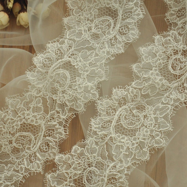 3 Meter Elfenbein Wimpern Alencon Spitzenstoff für Brautschleier, Hochzeitskleid, Brautkleid