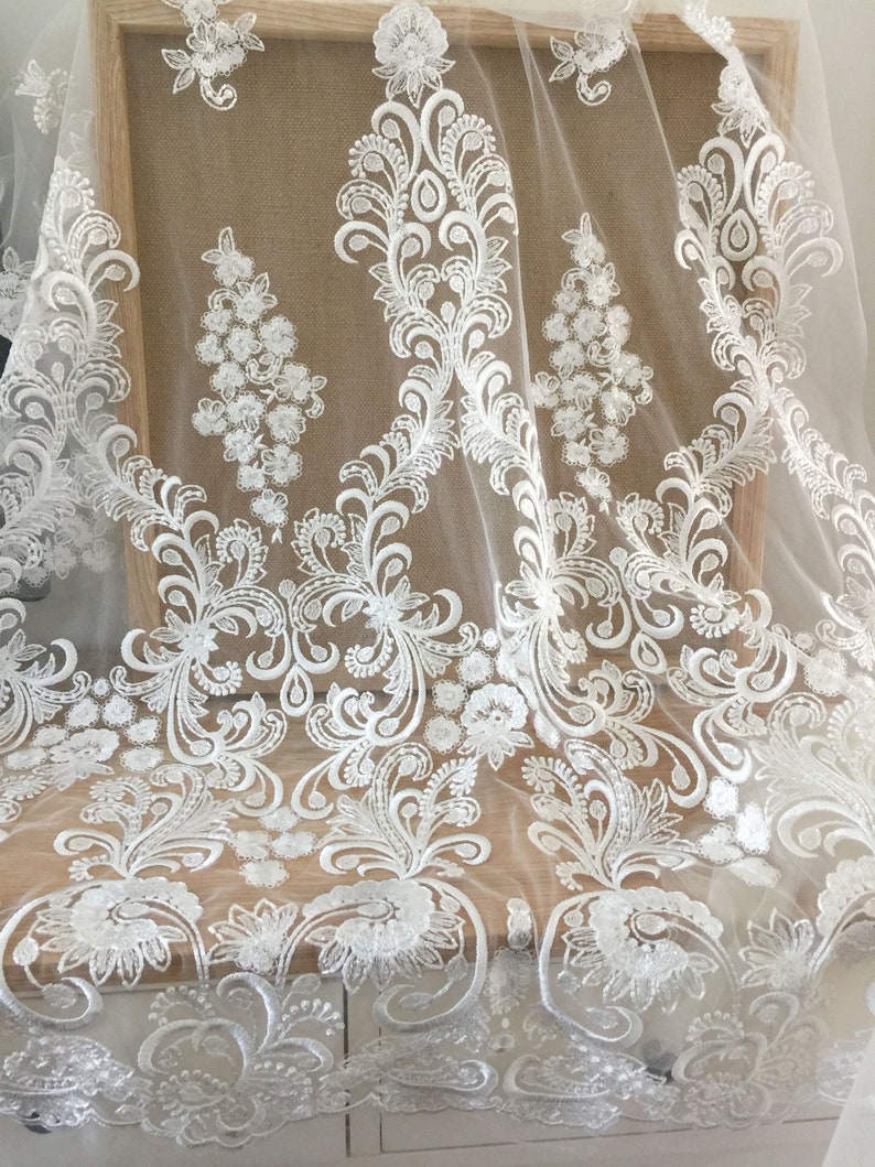 Exquisite Clear Sequin Haute Couture Lace Fabric in Off White Wedding Gown Birdal Lace Fabric Flower Embroidery Lace by Yard