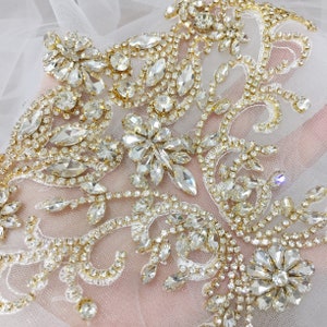 Gold Silver Rhinestone 3D beaded bridal bodice applique , crystal beading lace collar with tulle behind 15x20cm