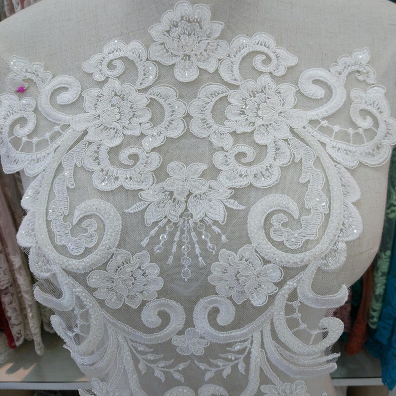 LARGE Heavy beaded bridal Applique IVORY Venice lace beaded applique big size, Luxury wedding appliqué, Illusion back appliqué image 2