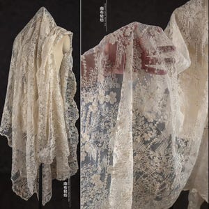 Tela de encaje de algodón color crudo estilo vintage con bordado floral y diseño a doble cara. Tela de encaje para vestidos de novia vintage.