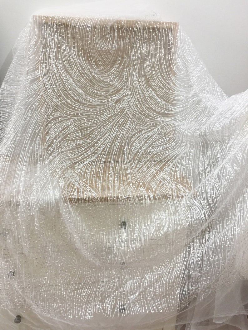 Peut inclure: Tissu de dentelle blanche perl&eacute;e avec un motif en spirale. Le tissu est transparent et d&eacute;licat, avec un l&eacute;ger chatoiement.