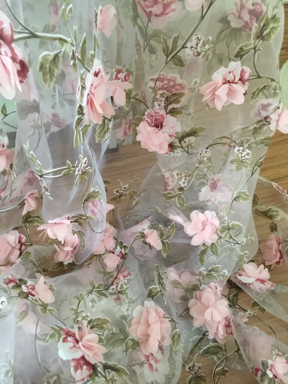 3D Organza lace fabric with Pink 3D chiffon rosette flowers Etsy