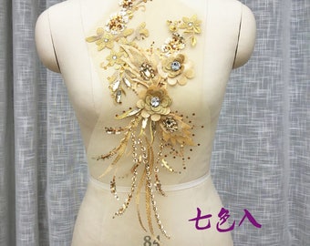 Gold 3D Sequin Beaded Flower Lace Applique for Bridal, Ballet, Dance Costumes Bridal Wedding Gown Applique, Bridal Dress Decor Bodice