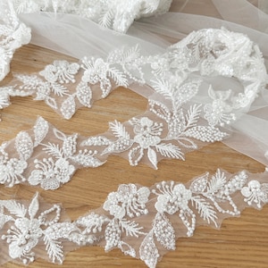 1 Yard  Exquisite Beaded Flower Lace Trim , Bridal Veil Lace, Scallop Wedding Gown Lace Trim , Bridal Dress Straps