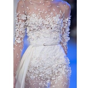 3D Beaded Lace Fabric, Embroidered Flower Applique Wedding Gown Fabric, French Fabric with Applique