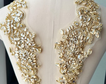 Paar champagne gouden strassteenkristallen appliqué, bruidssjerp, trouwjurk (11 x 31 cm)