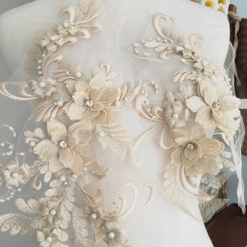 Patches For Clothes 3D Embroidery Flower Lace Bridal Applique Beaded Pearl Tulle Trims Wedding Lace Fabric - Foto 8