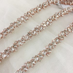 Rose Gold Thin rhinestone and crystal beaded lace trim wedding belt, bridal sash, wedding gown straps ,bridesmaids belt,rhinestone hairband