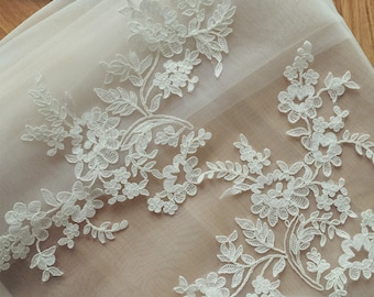Delicate Alencon Lace Applique One Pair for Wedding Veils, Bridals, Headpiece,Gowns , Wedding Cakes Decor