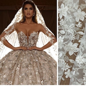 3D Champagne Beaded Leaf Flower Tulle Embroidery Lace Fabric Couture Wedding Applique DIY Beading 140 cm Wide