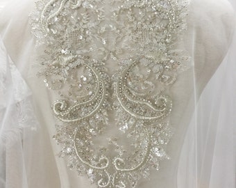 3D beaded bridal lace applique with sequins on silver thread setting , bridal bodice lace appluque