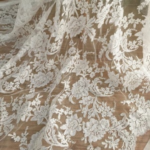 French Alencon lace fabric in ivory with leaf pattern, wedding gown bridal dress fabric , scalloped fabric