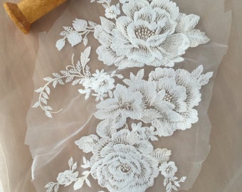 Ivory Applique lace , cotton floral embroidery lace applique, bridal applique, wedding veil applique, lace motif , bridal hair headpiece