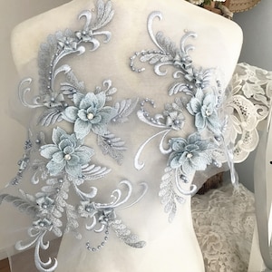 3D pearl and rhinestone beaded lace applique set in smoke blue, wedding gown bridal dress dance costumes applique