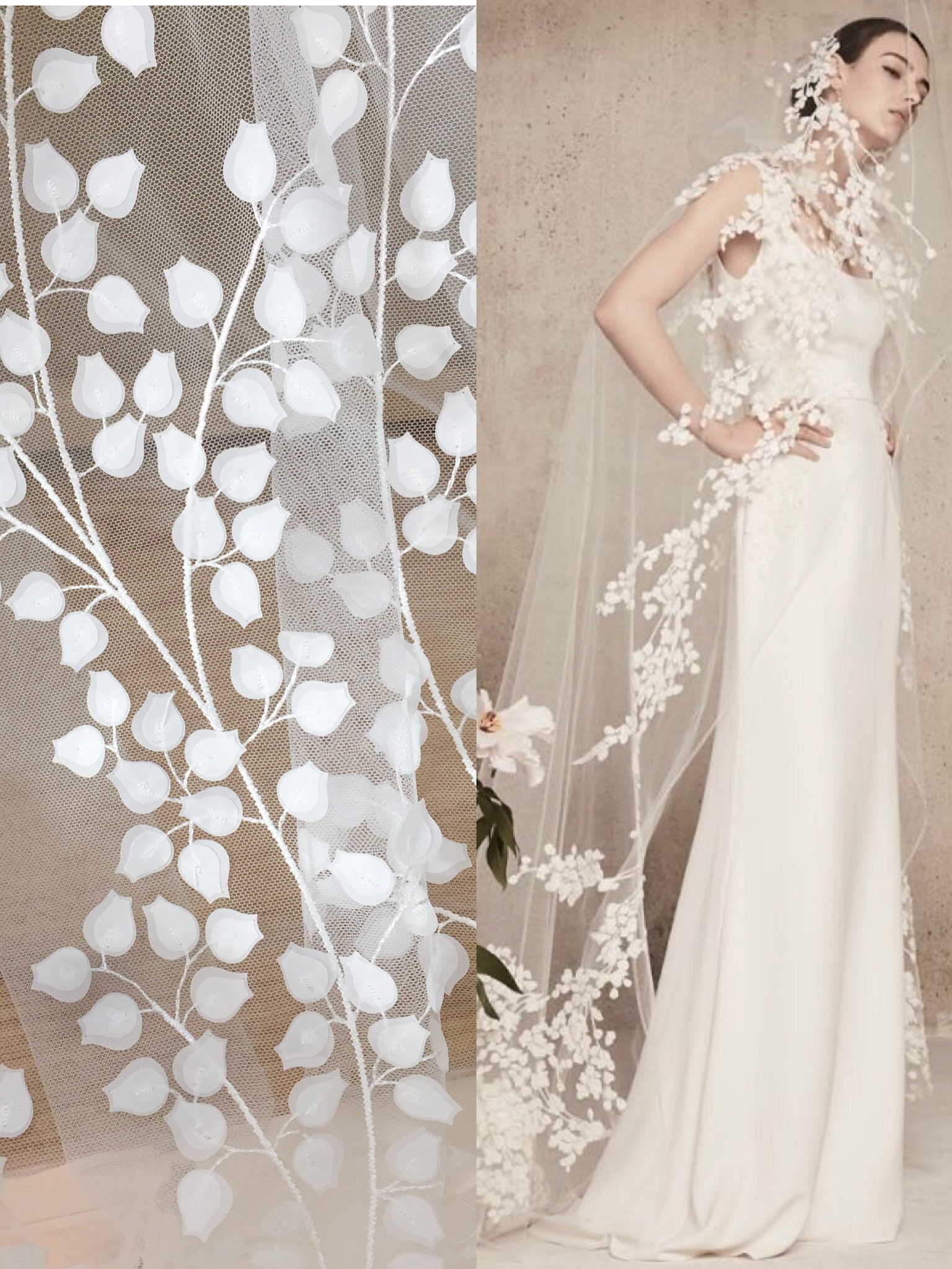 3D off White Vine Blossom Flower Lace Applique , 3D Tulle