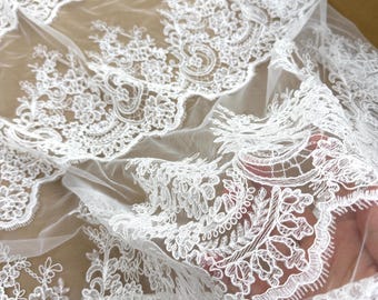 Off White Clear Sequin Eyelash Alencon Lace Fabric Trim  Bridal Veil Trim