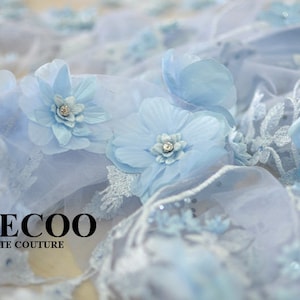 Luxury 3D Beaded Lace Fabric in Sky Blue , Scalloped Bridal Dress Wedding Gown Lace Fabric , Haute Couture Fabric