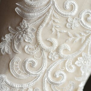 LARGE Heavy beaded bridal Applique IVORY lace beaded applique big size, Luxury wedding appliqué, Illusion back lace image 3