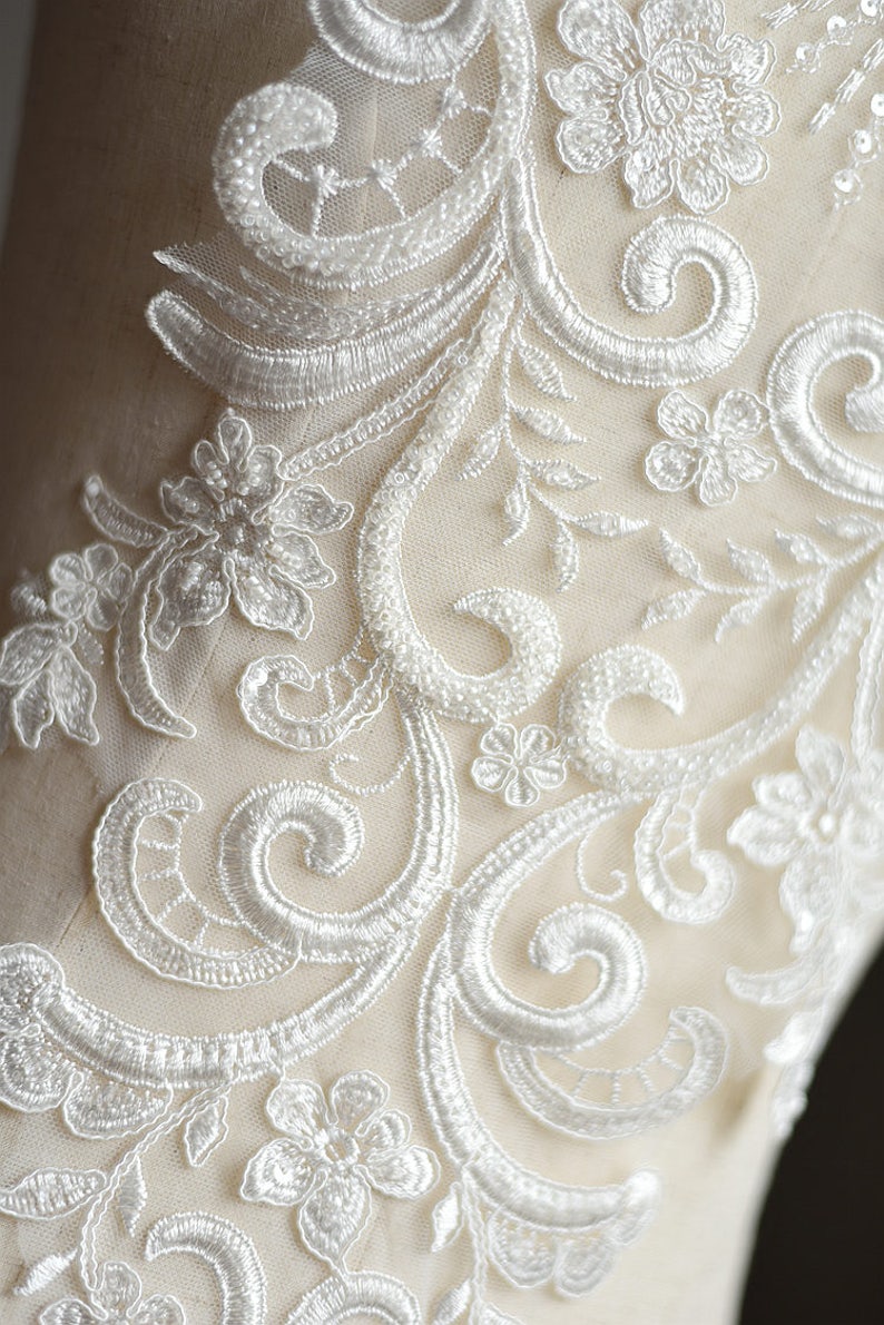 LARGE Heavy beaded bridal Applique IVORY lace beaded applique big size, Luxury wedding appliqué, Illusion back lace image 3