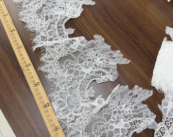 3 yards off white Chantilly lace fabric, bridal chantilly lace, French lace fabric with scalloped borders, ivory lace fabric with eyelash