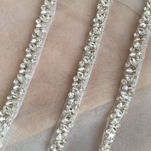 Thin rhinestone and crystal beaded lace trim for wedding belt, bridal sash, wedding gown straps ,bridesmaids belt,rhinestone hairband image 2