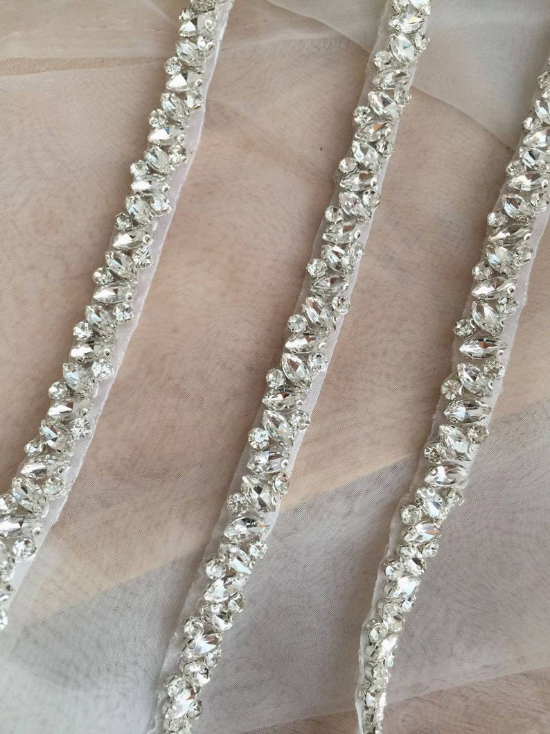 Thin rhinestone and crystal beaded lace trim for wedding belt, bridal sash, wedding gown straps ,bridesmaids belt,rhinestone hairband image 2
