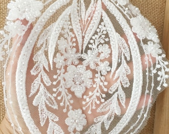 1 pieces 3D Beading Lace Applique in Retro Style, Bridal Veils Wedding Caps Straps Motif