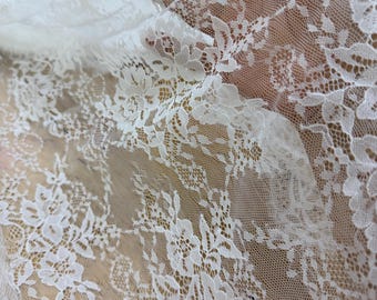 3 yards off white Chantilly lace fabric, bridal chantilly lace, French lace fabric with scalloped borders, ivory lace fabric with eyelash