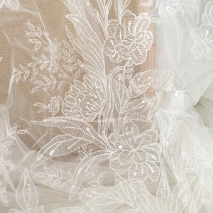 1 Yard Exquisite Decent Leaf Floral Embroidery Lace Fabric with Clear Sequin in Ivory Floral Emrboidery Fabric for Wedding Gown, Lace Caps