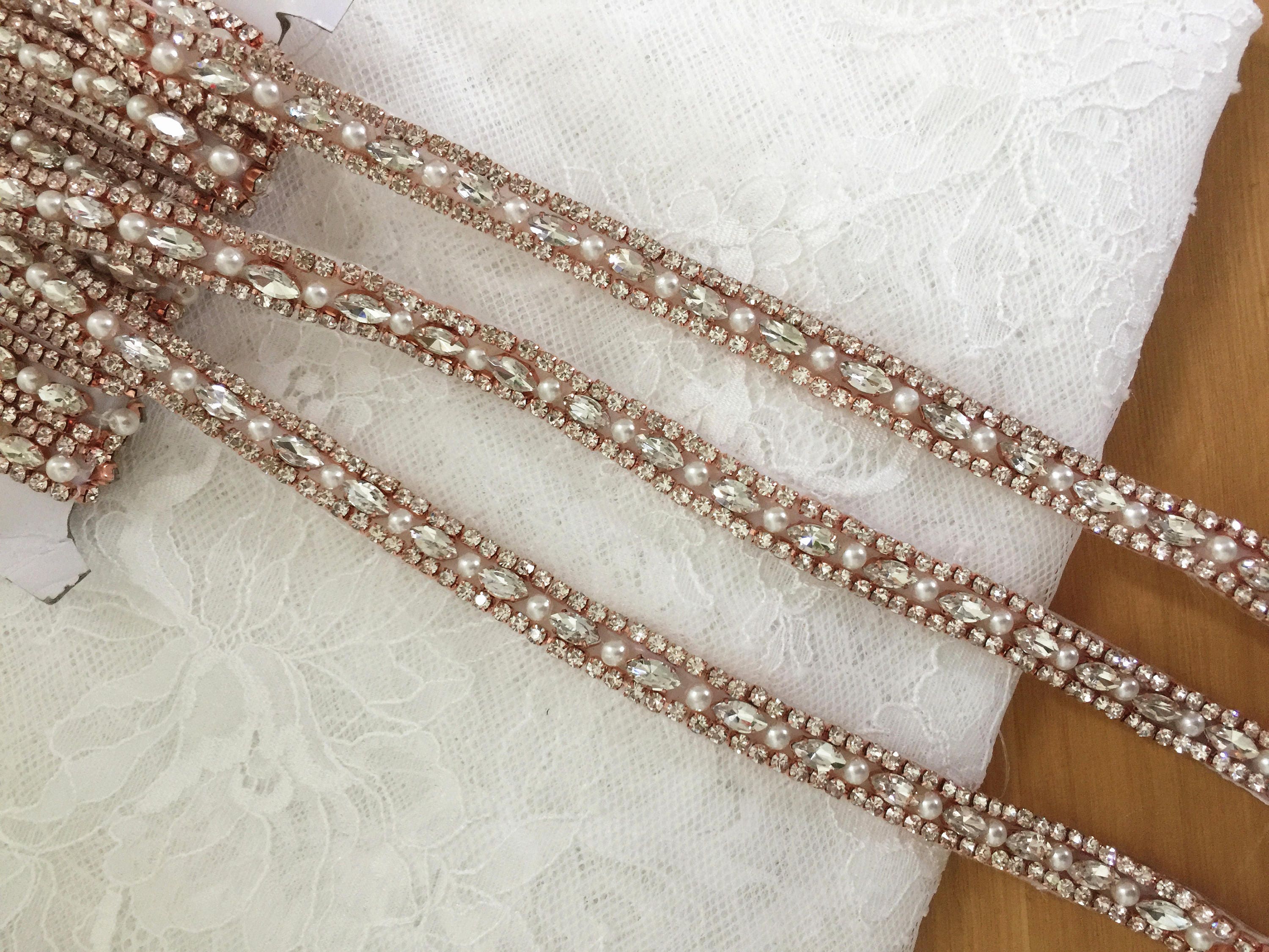 Thin Rose Gold Rhinestone Pearl Beaded Trim for Bridal Sash and Belt,  Wedding Gown Straps 