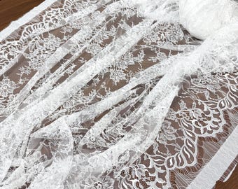 3 yards off white Chantilly lace fabric, bridal chantilly lace, French lace fabric with scalloped borders, ivory lace fabric with eyelash