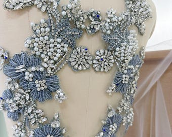 Rookblauwe 3D-bloem strass appliqué paar kristallen kralen bruidsjurk lijfje Cape Couture kristallen appliqué