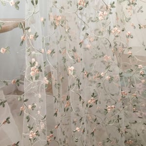 chic and fresh off white tulle floral embroidery lace fabric by yard , pink green detailed blossom embroidery