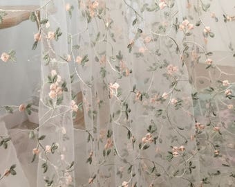 chic and fresh off white tulle floral embroidery lace fabric by yard , pink green detailed blossom embroidery