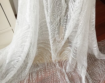 Geometric Embroidery Lace Fabric by Yard with TRANSLUCENT Sequins , Birdal Gown Couture Fabric in Off White