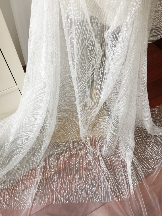 Geometric Embroidery Lace Fabric with Sequins, Bridal Gown Couture, Off White