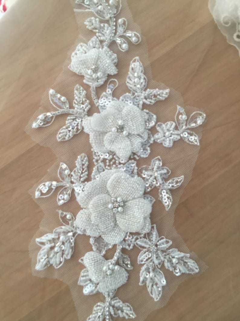 Luxury beaded lace applique, 3D bridal sash wedding belt applique, bridal sash wedding lace applique image 5