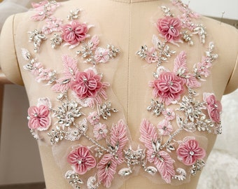 Exquisite Rosy Pink 3D Rhinestone Beaded Bridal Lace Applique for Wedding Sash Bridal Hair Flower Boutique