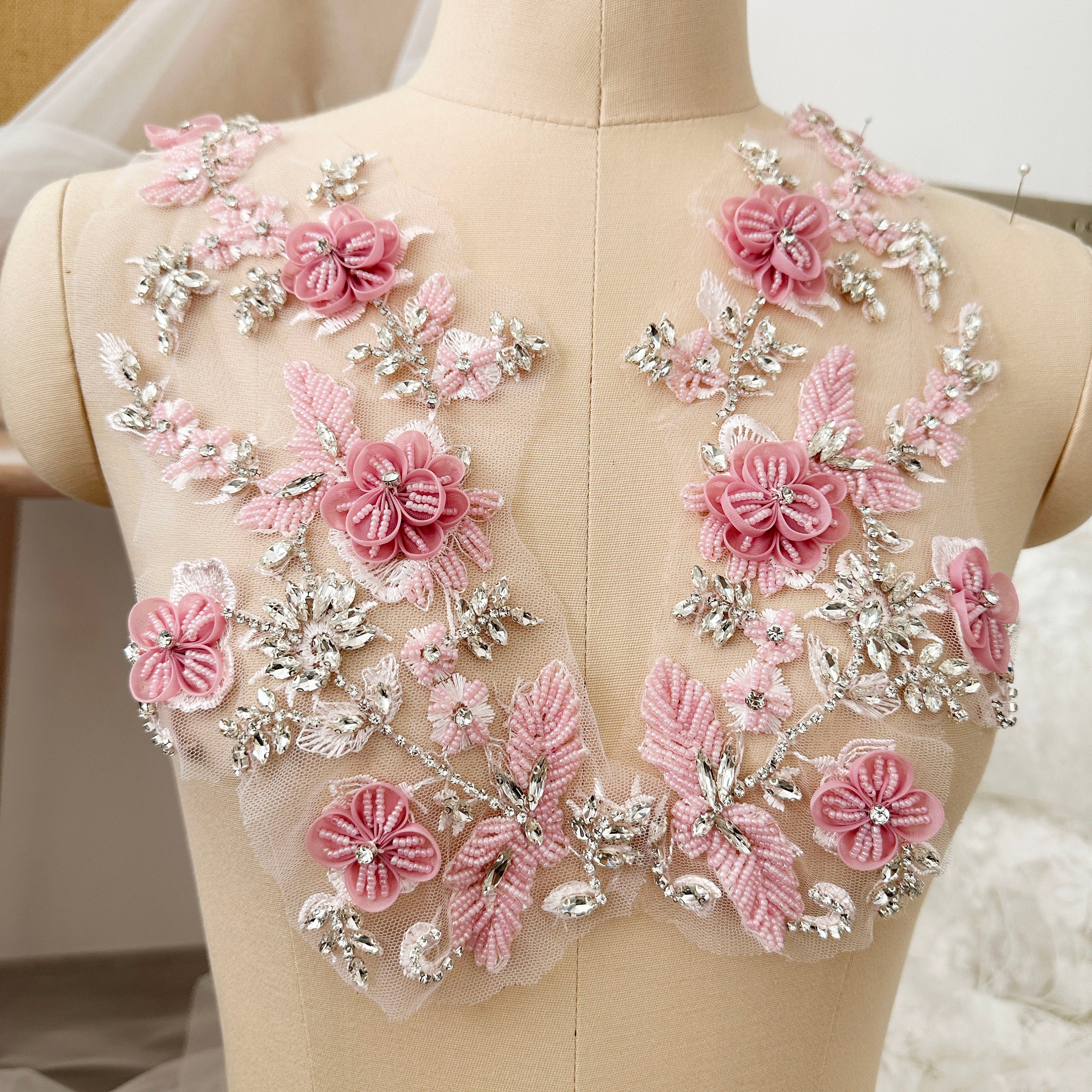 Exquisite Rosy Pink 3D Rhinestone Beaded Bridal Lace Applique for Wedding Sash Bridal Hair Flower Boutique