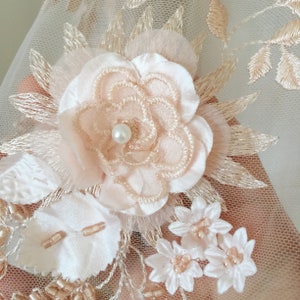 Peach Pink 3D Hand Beaded Applique Blossom Flower Lace Fabric for Prom Dress, Haute Couture Fabric, Wedding Gown