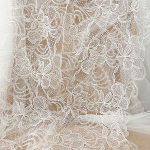 1 Yard Fancy Sequin Flower Lace Fabric Crochet Wedding Veil Embroidery lace Fabric ,Wedding Dress Bridal Gown Lace Fabric by Yard