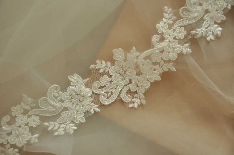 5 yards Ivory Beaded Alencon Lace Trim , Bridal Veil Lace, Scallop Wedding Gown Lace Trim , Bridal Dress Straps image 5