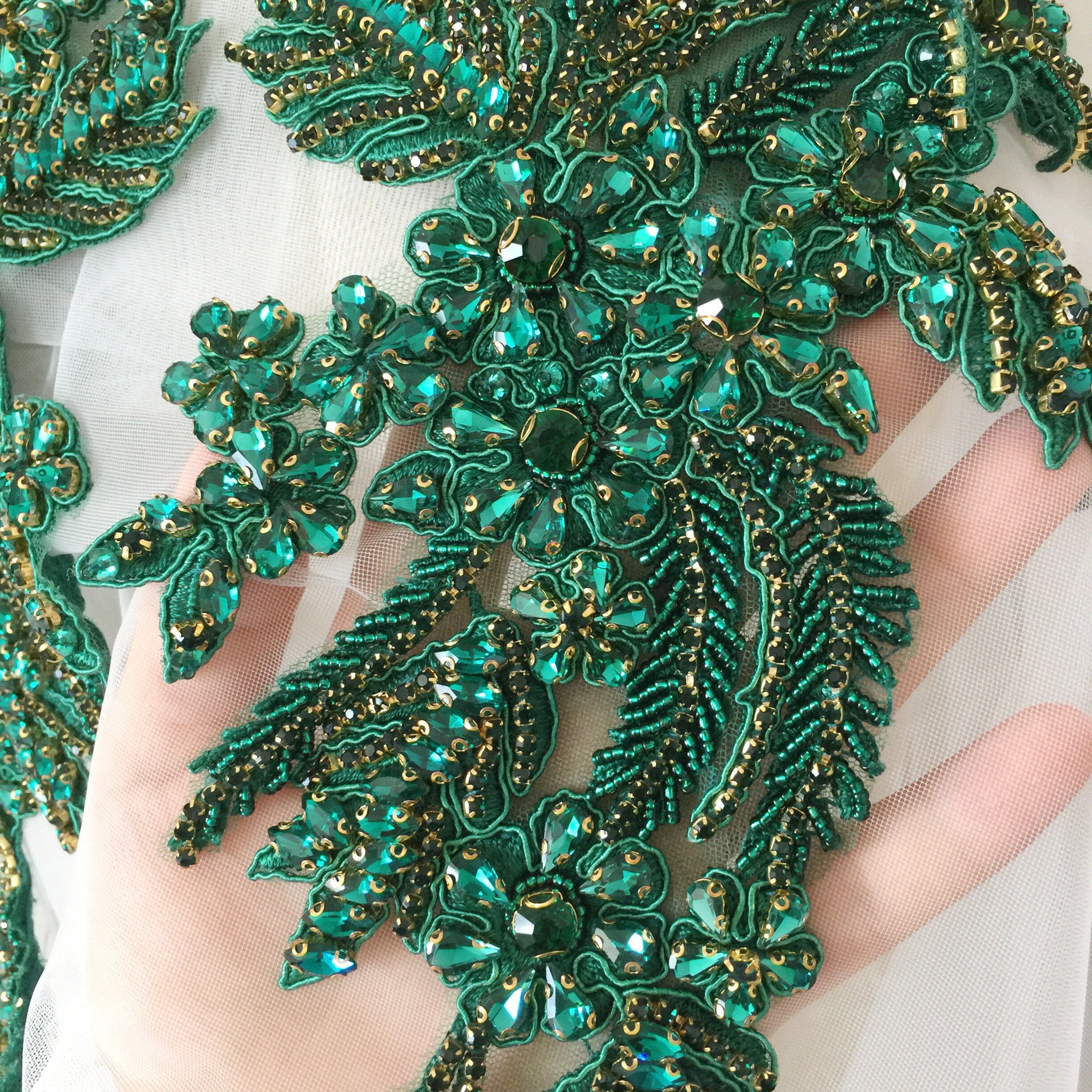 Emerald Green Rhinestone Beaded Lace Applique Pair , Wedding