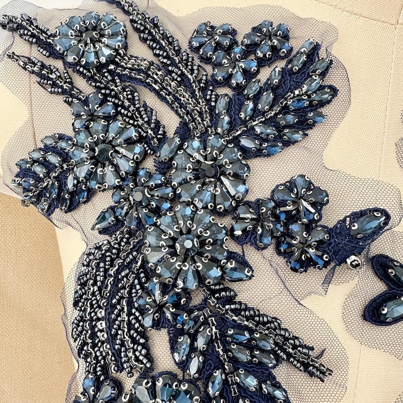 Navy Rhinestone Beaded Lace Applique Pair , Wedding Gown Bridal Dress ...